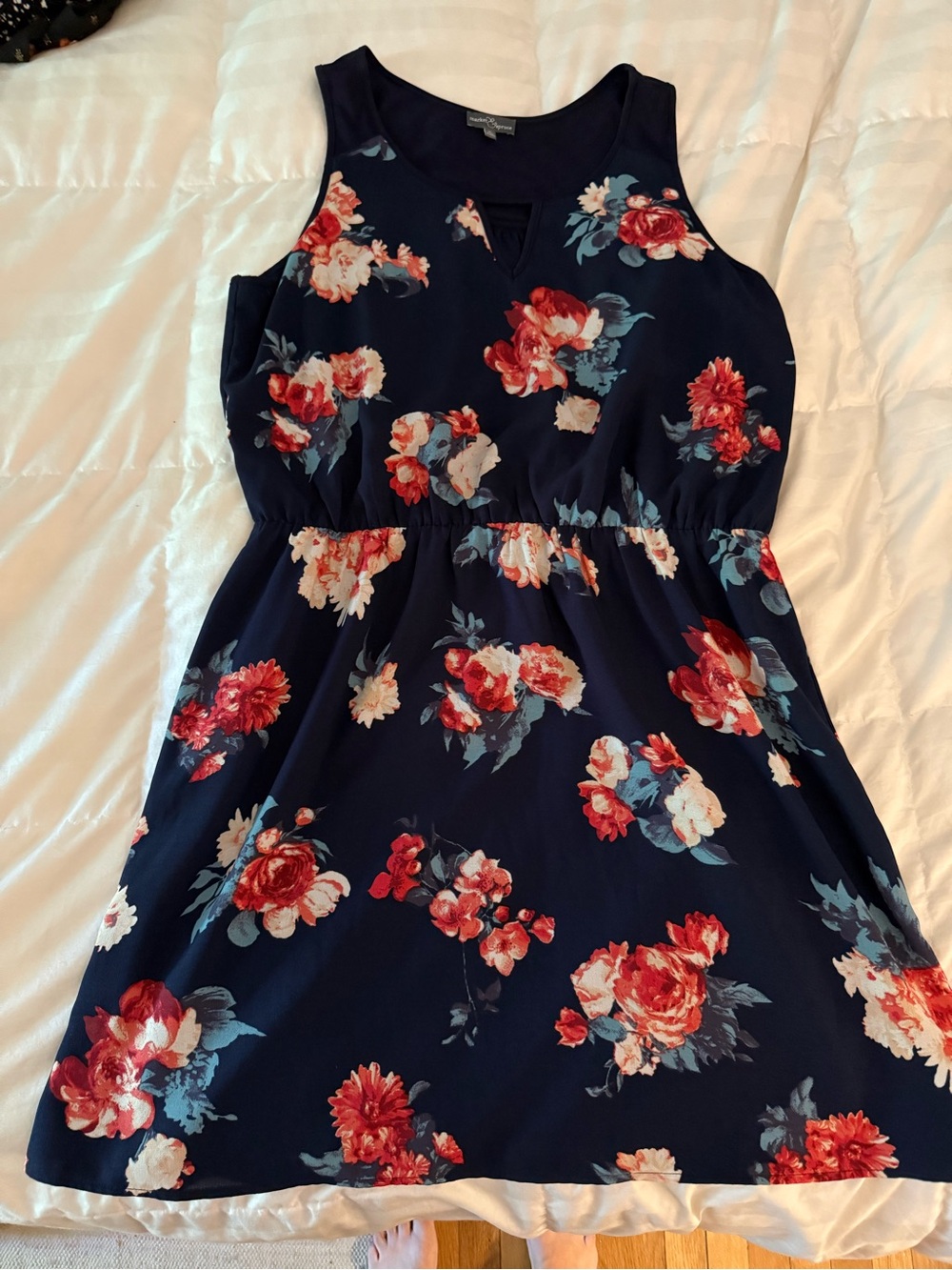 Market & Spruce Navy Floral Sleeveless Dress with Red and Cream Blooms